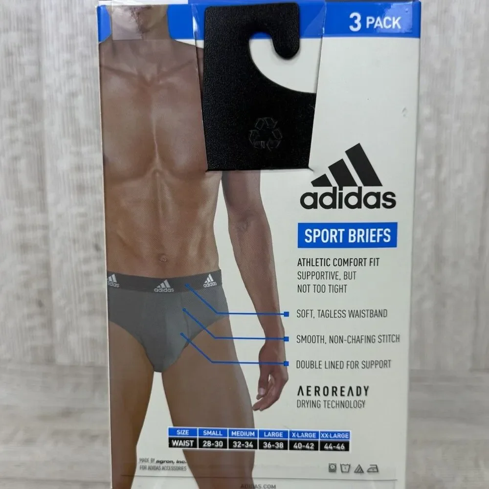 Adidas Men’s XXL Sport Briefs Underwear 3-Pack Stretch Cotton Blue Black Gray